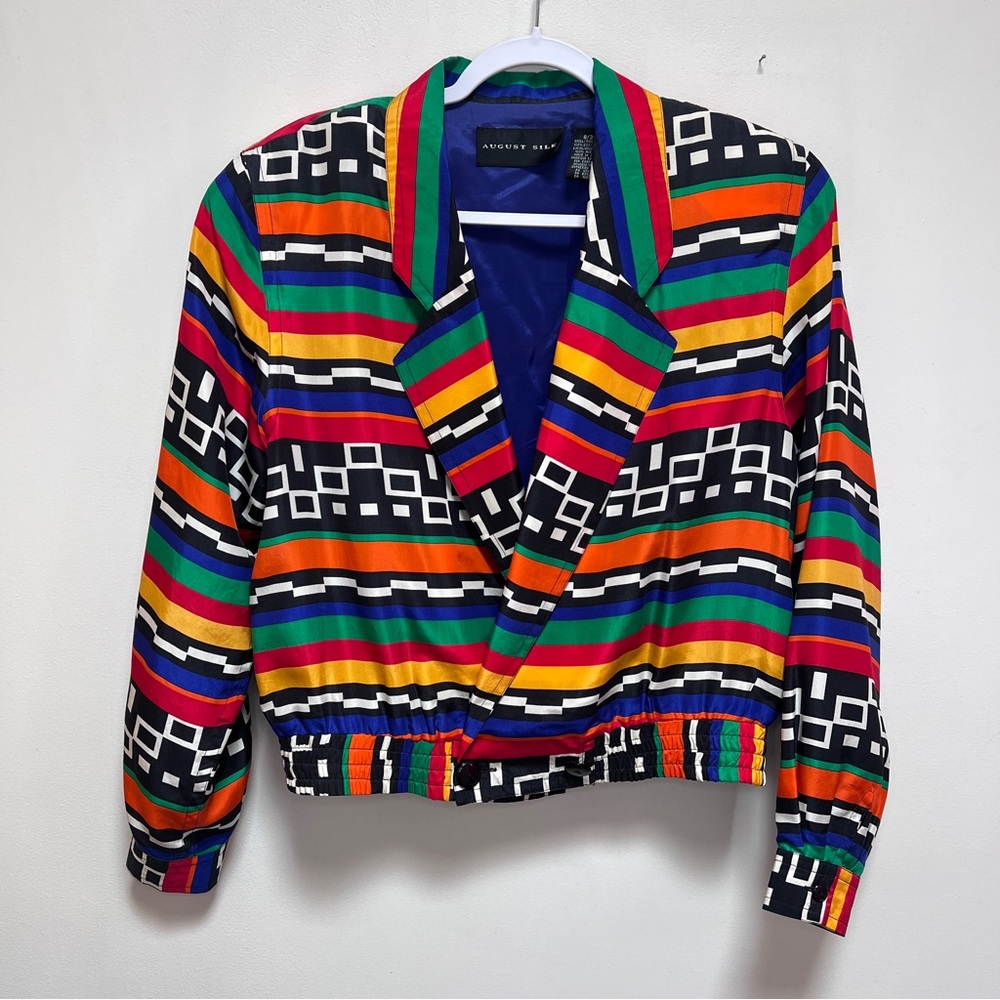 August Silk 100% Silk 80s Colorful Graphic Women's Jacket, Oversized 8